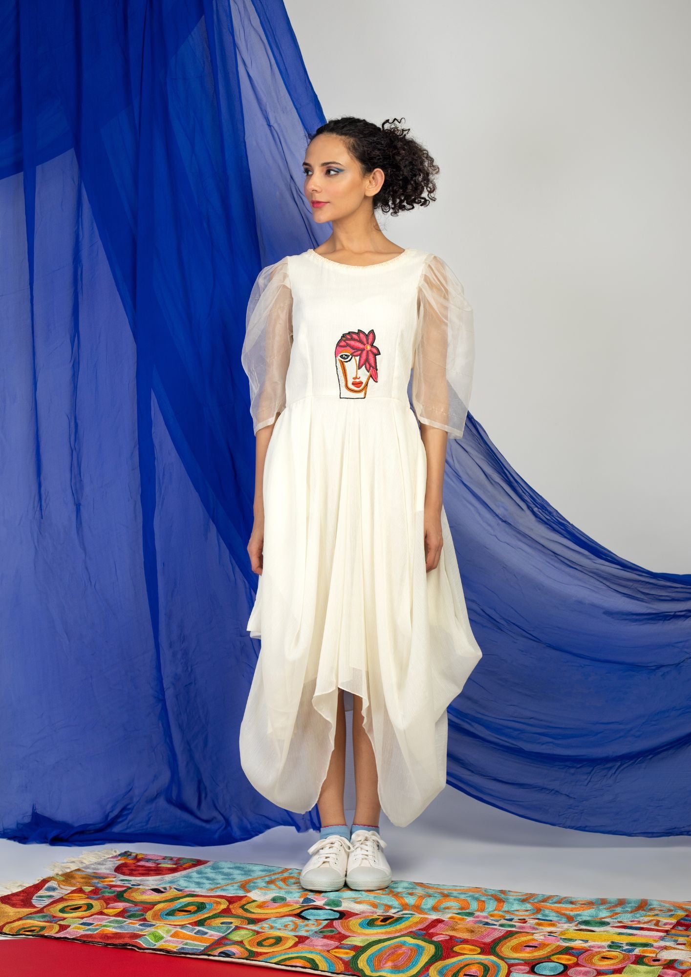 Cowl drape dress with texture organza sleeve