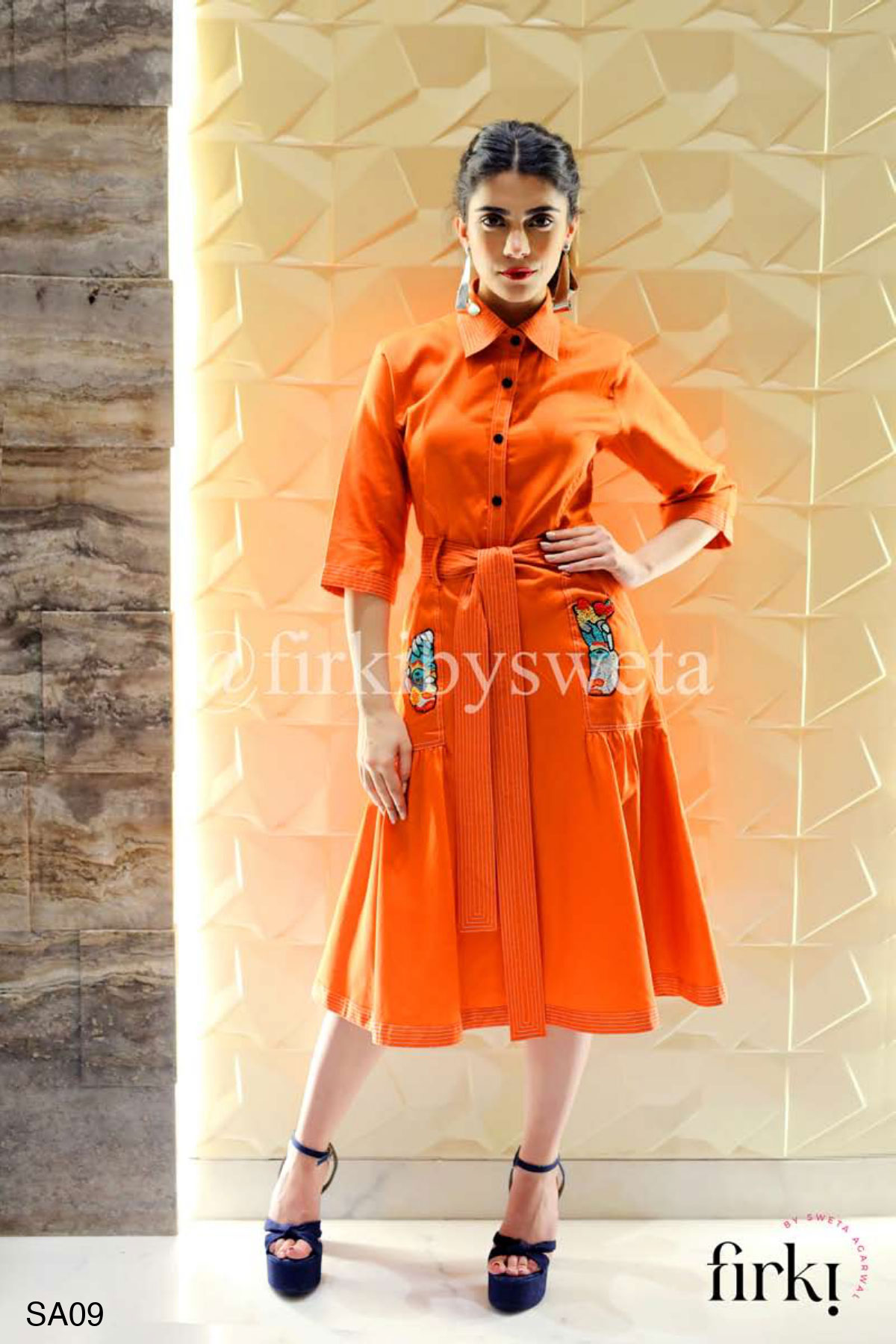 Orange Pocket Dress with Embroidered Motifs